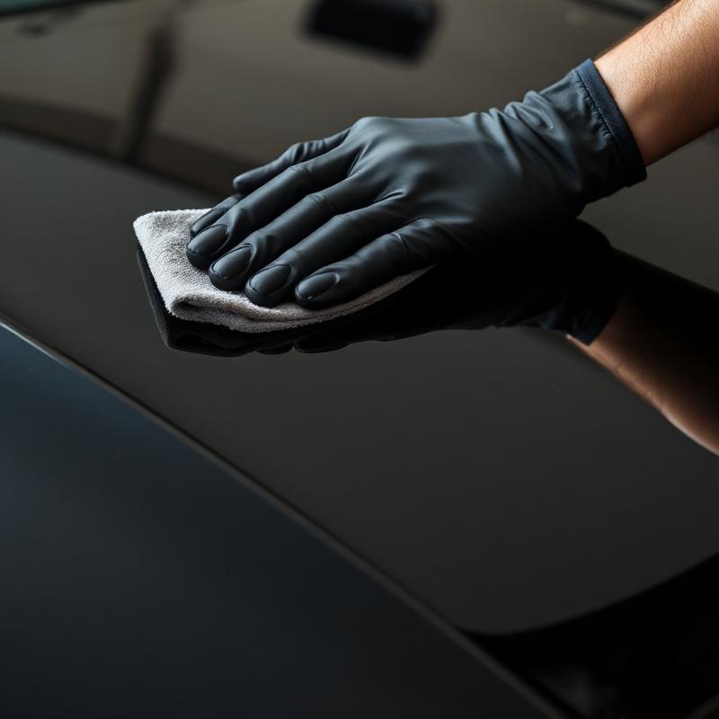 Close-up of a gloved hand polishing glossy black paintwork