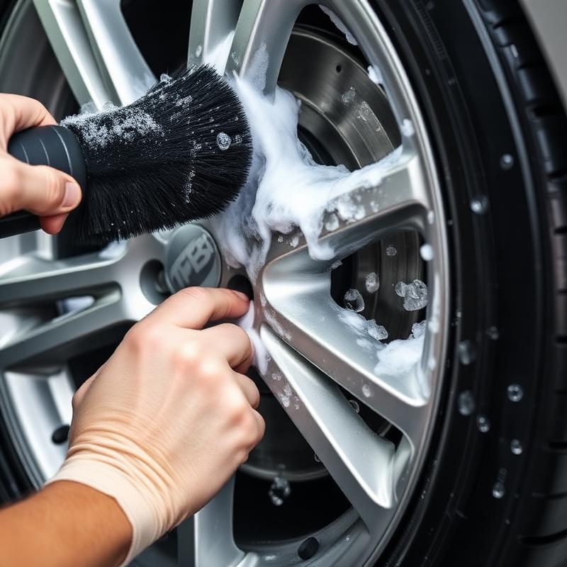 Alloy wheel being detailed with brush and foam